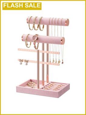 Pink Velvet 5-Layer Jewelry Organizer Stand for Necklaces Bracelets Rings